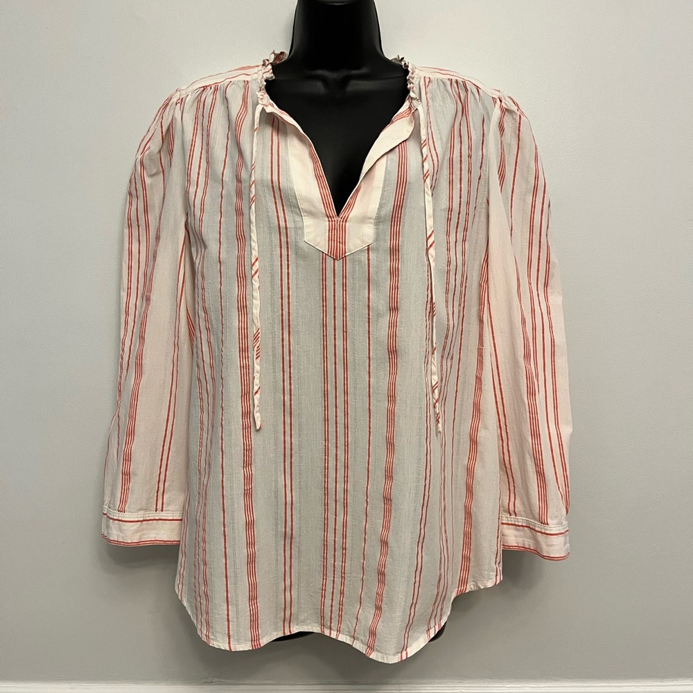 LOFT Red & White Striped Long Sleeve Peasant Blouse, Size XL